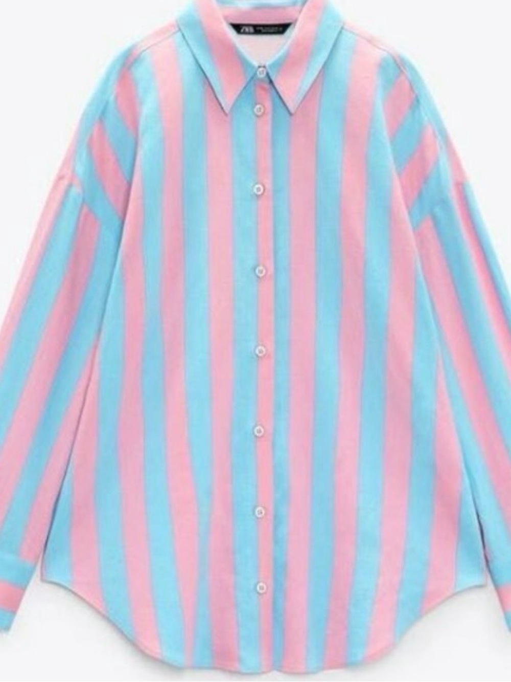 Zara Linen Blend Pink and Blue Vertical Stripe Button-Down Shirt - Picture 5 of 6